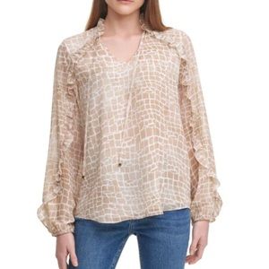 NWT Calvin Klein Size Medium Long Sleeve Sheer/Lined Giraffe Print V-Neck Blouse
